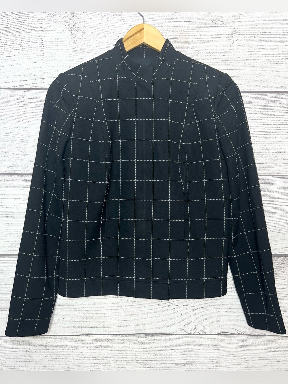 BEBE Black Windowpane Mock Neck Zip Up Jacket Modern Tailored Pocket Size Small